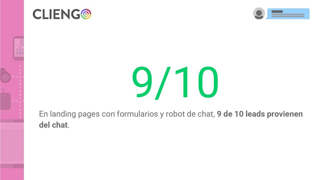 9/10 En landing pages con formularios y robot de chat, 9 de 10 leads provienen del chat.