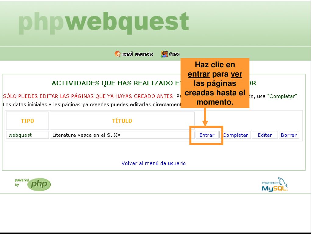 Haz clic en entrar para ver las páginas creadas hasta el momento.