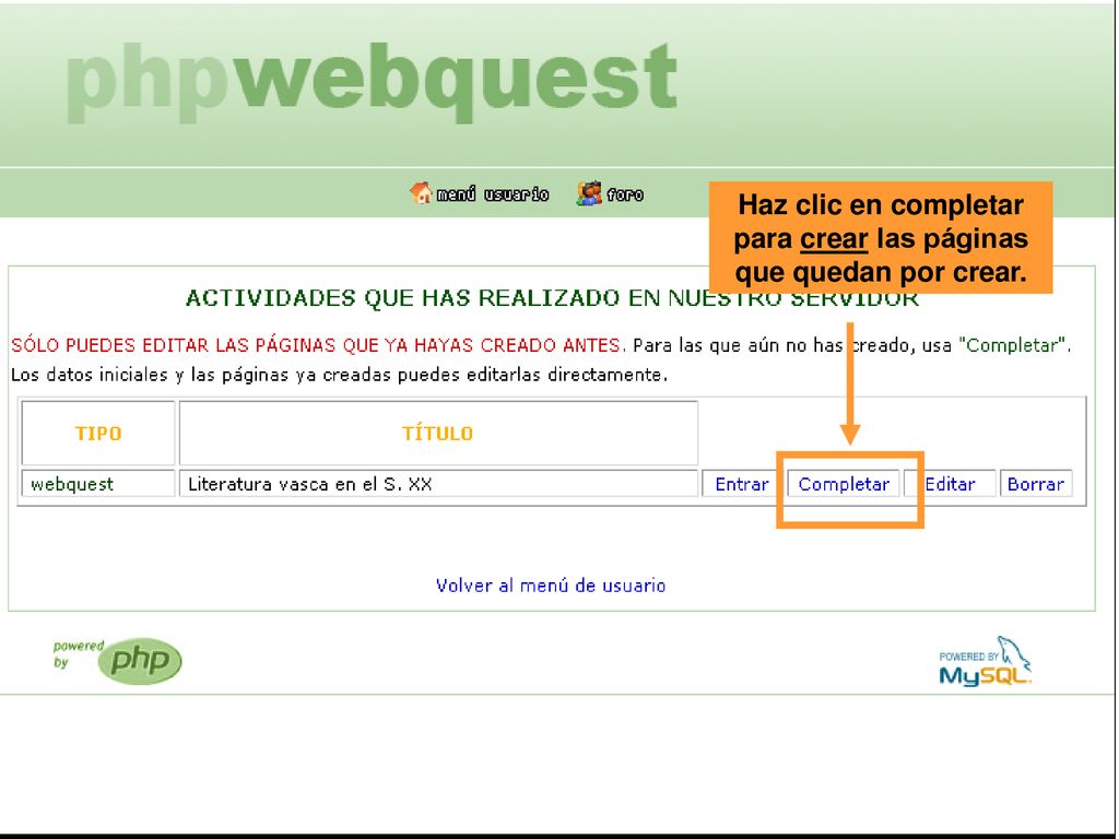 Haz clic en completar para crear las páginas que quedan por crear.
