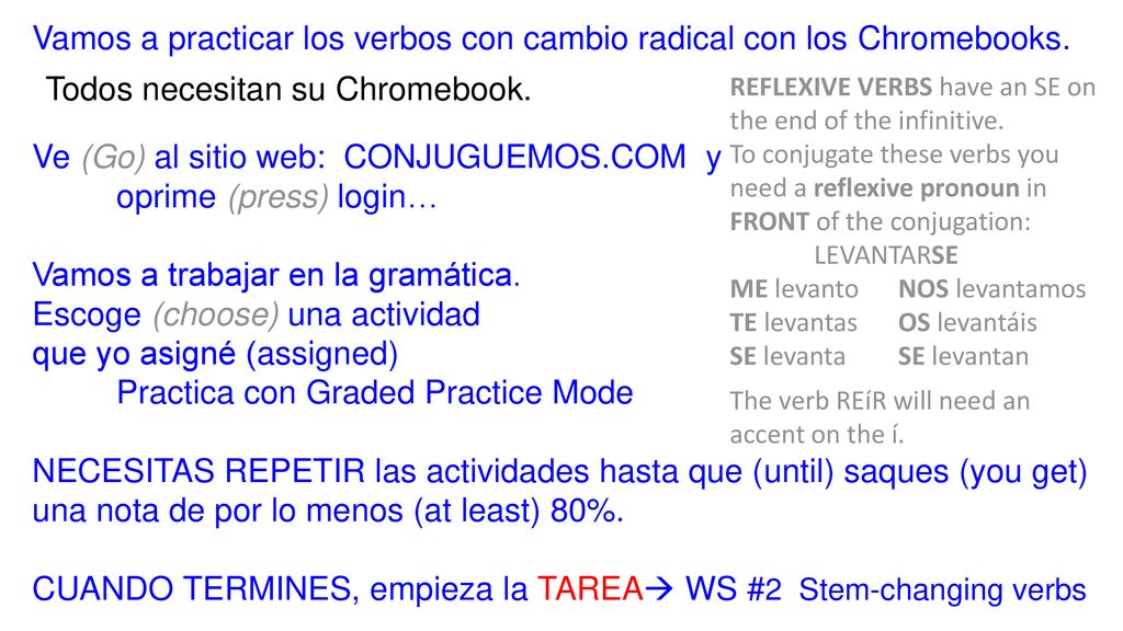 Vamos a practicar los verbos con cambio radical con los Chromebooks.