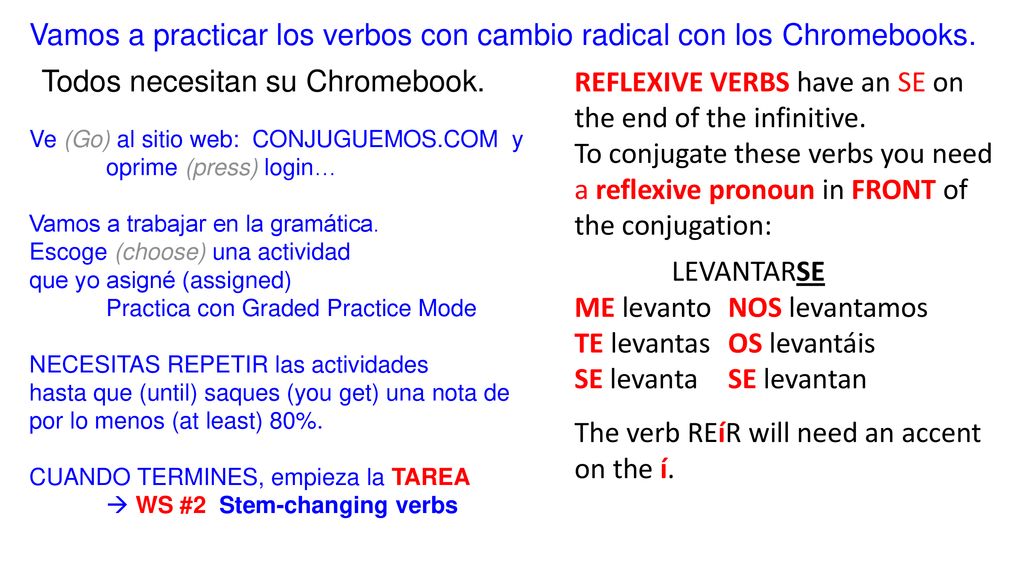 Vamos a practicar los verbos con cambio radical con los Chromebooks.