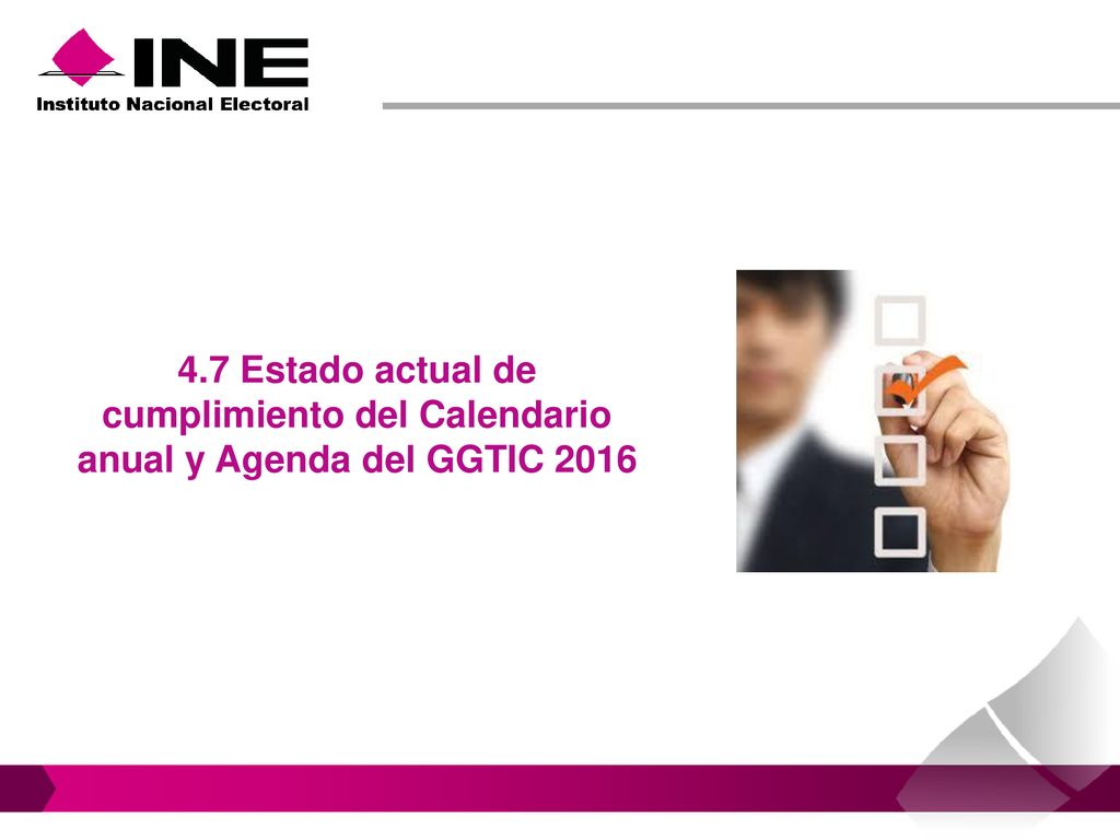 4.7 Estado actual de cumplimiento del Calendario anual y Agenda del GGTIC 2016
