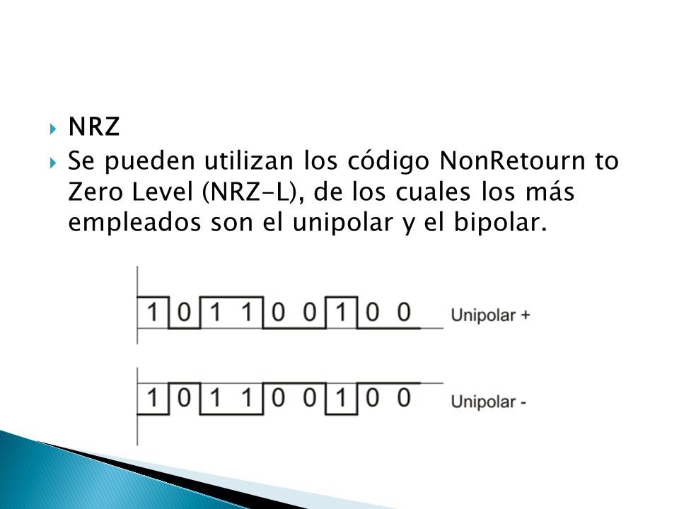 NRZ Se pueden utilizan los código NonRetourn to Zero Level (NRZ-L), de los cuales los más empleados son el unipolar y el bipolar.