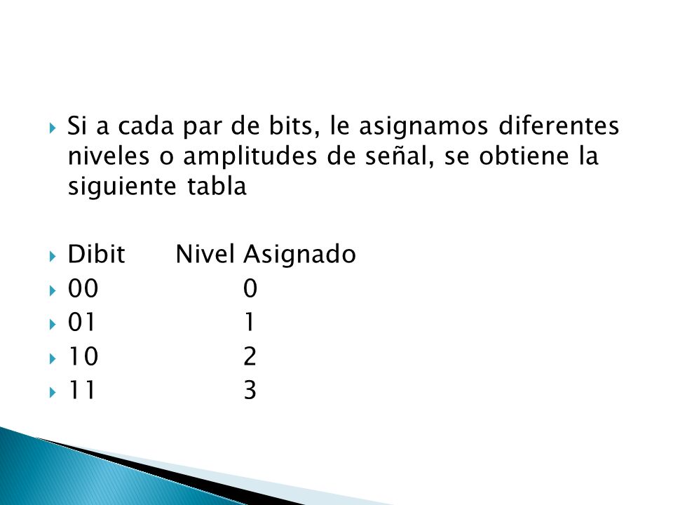 Si a cada par de bits, le asignamos diferentes niveles o amplitudes de señal, se obtiene la siguiente tabla
