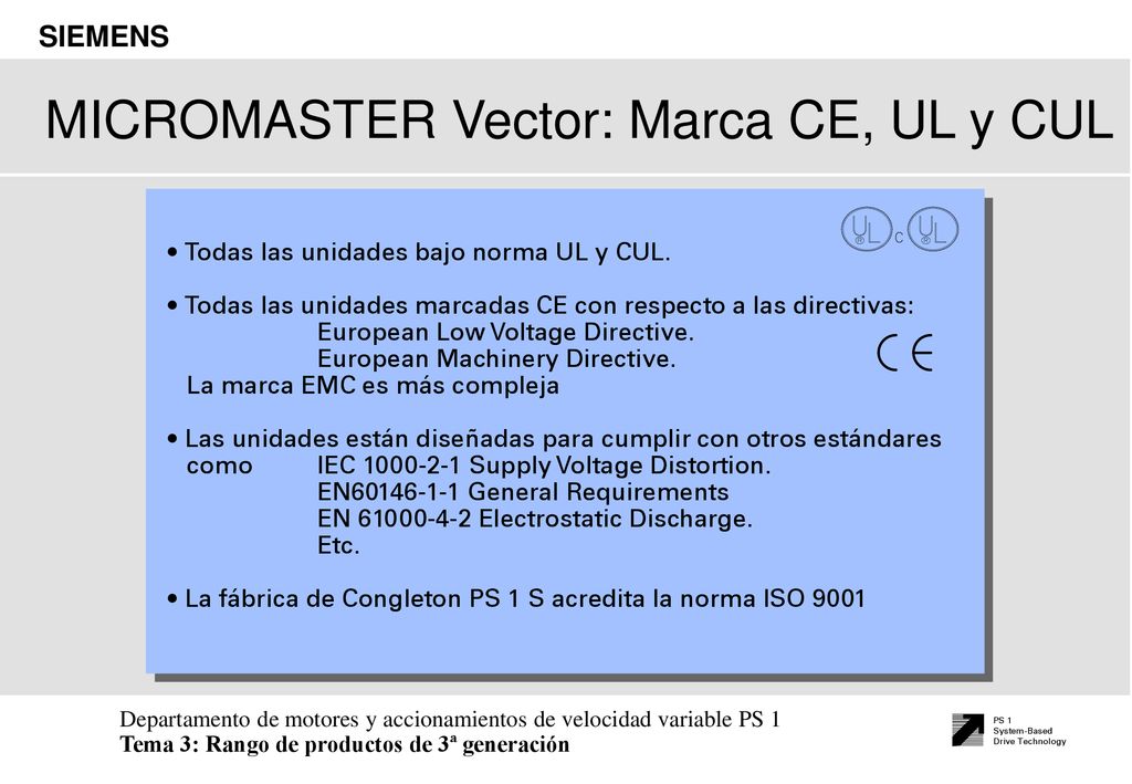 MICROMASTER Vector: Marca CE, UL y CUL