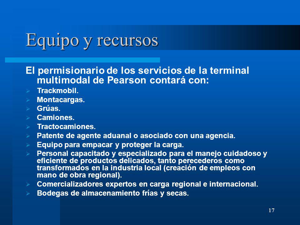 Equipo y recursos El permisionario de los servicios de la terminal multimodal de Pearson contará con: