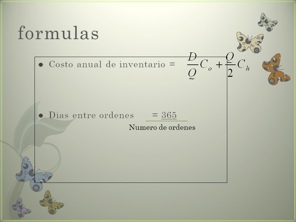 formulas Costo anual de inventario = Dias entre ordenes = 365