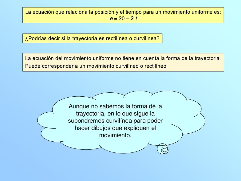 La ecuación que relaciona la posición y el tiempo para un movimiento uniforme es: