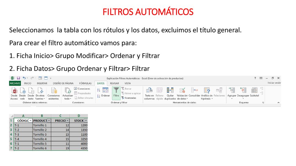 FILTROS AUTOMÁTICOS Seleccionamos la tabla con los rótulos y los datos, excluimos el título general.