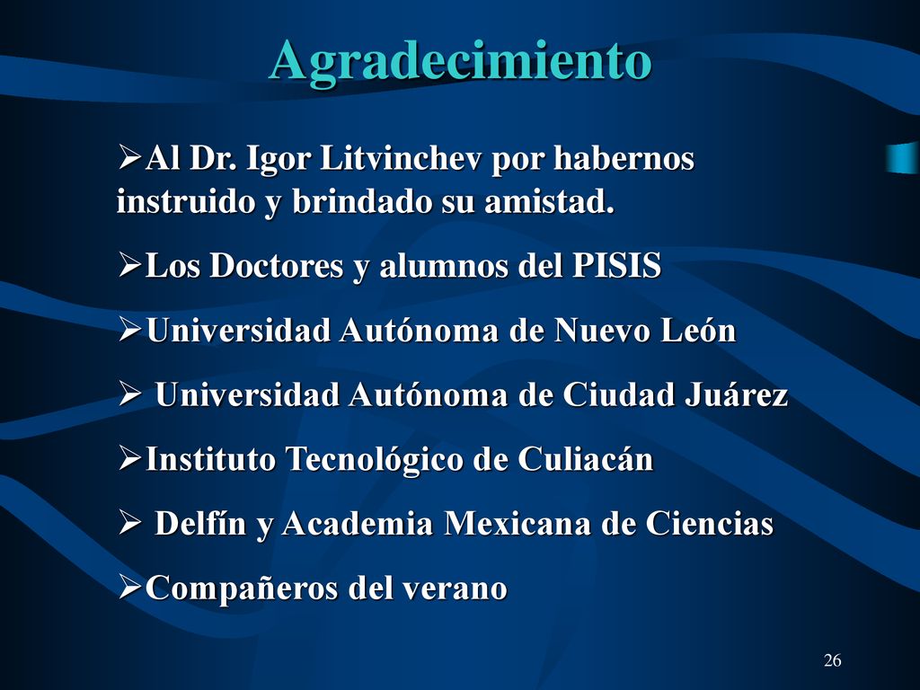 Agradecimiento Al Dr. Igor Litvinchev por habernos instruido y brindado su amistad. Los Doctores y alumnos del PISIS.