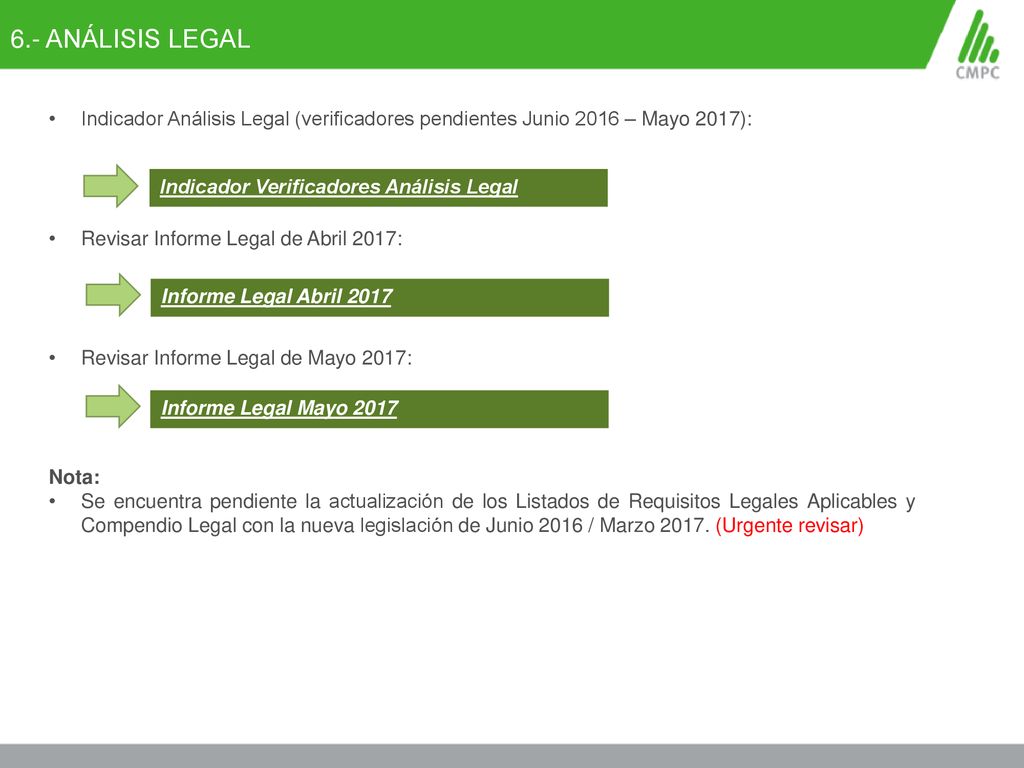 6.- ANÁLISIS LEGAL Indicador Análisis Legal (verificadores pendientes Junio 2016 – Mayo 2017): Revisar Informe Legal de Abril 2017: