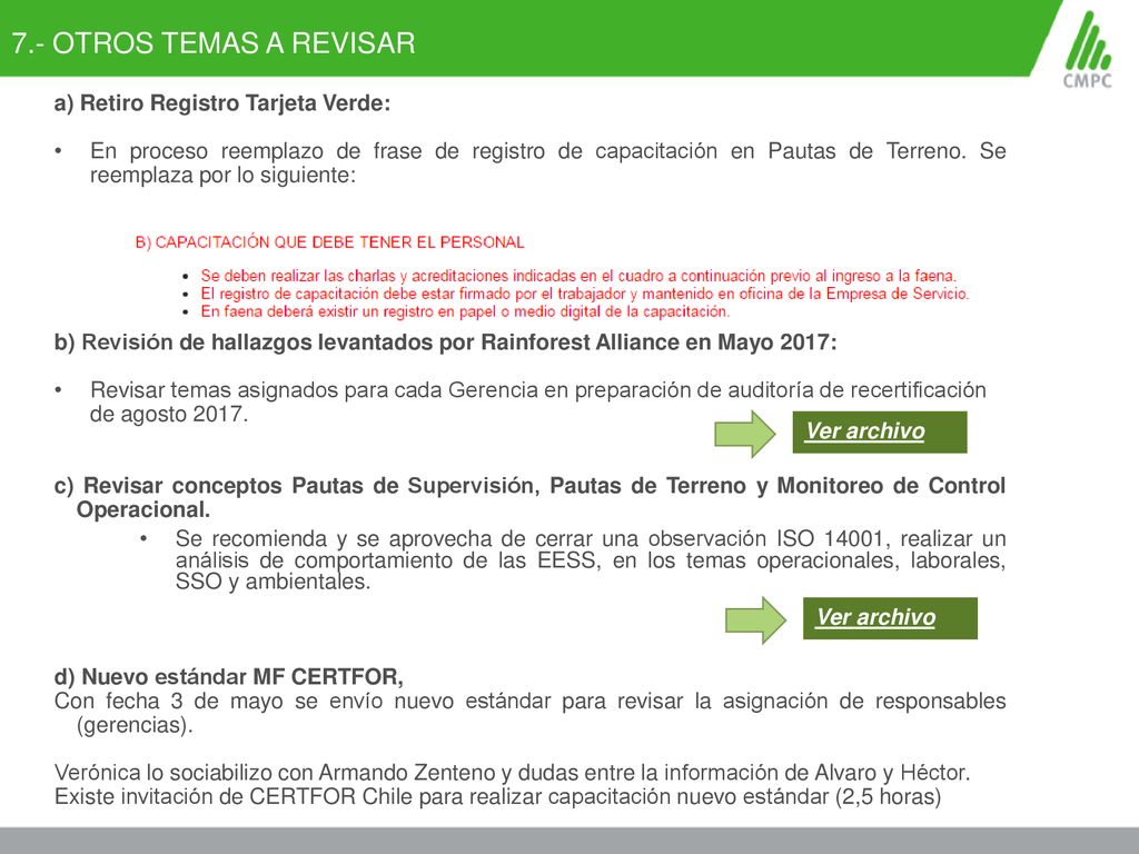 7.- OTROS TEMAS A REVISAR a) Retiro Registro Tarjeta Verde: