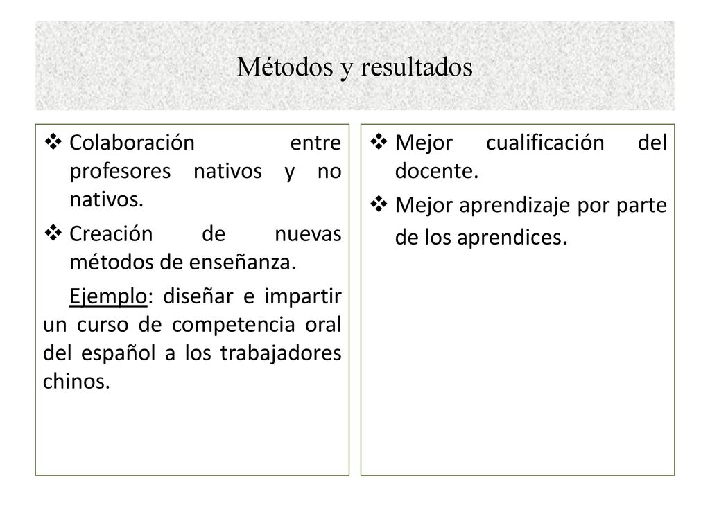 Métodos y resultados Colaboración entre profesores nativos y no nativos. Creación de nuevas métodos de enseñanza.