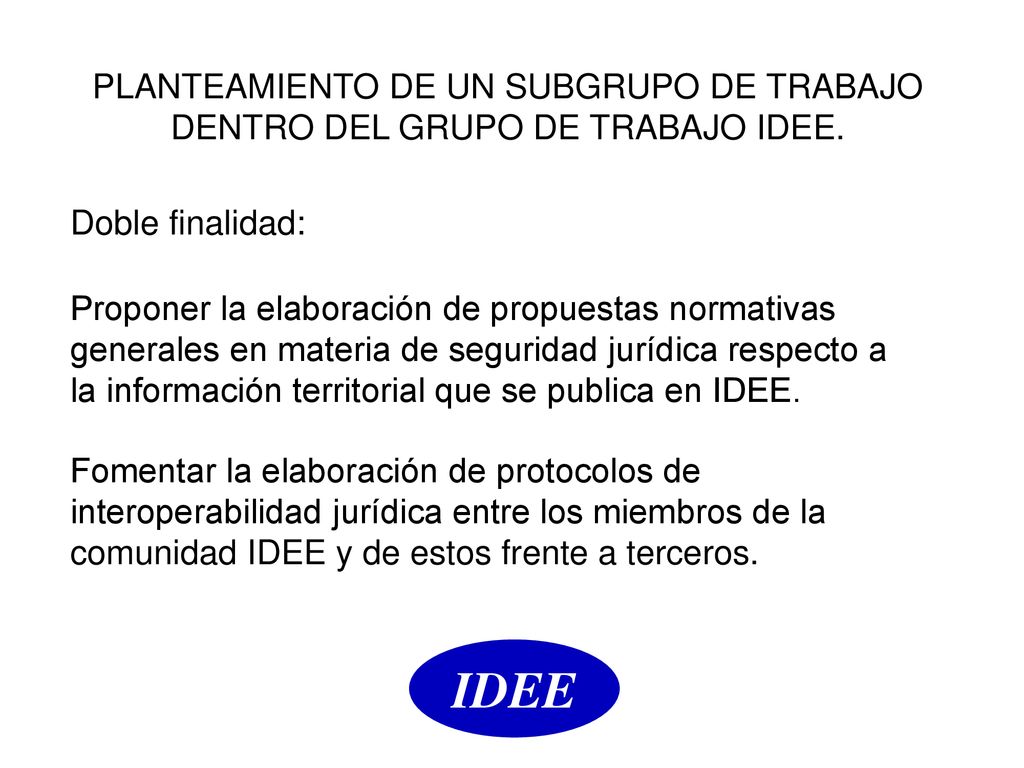 PLANTEAMIENTO DE UN SUBGRUPO DE TRABAJO DENTRO DEL GRUPO DE TRABAJO IDEE.