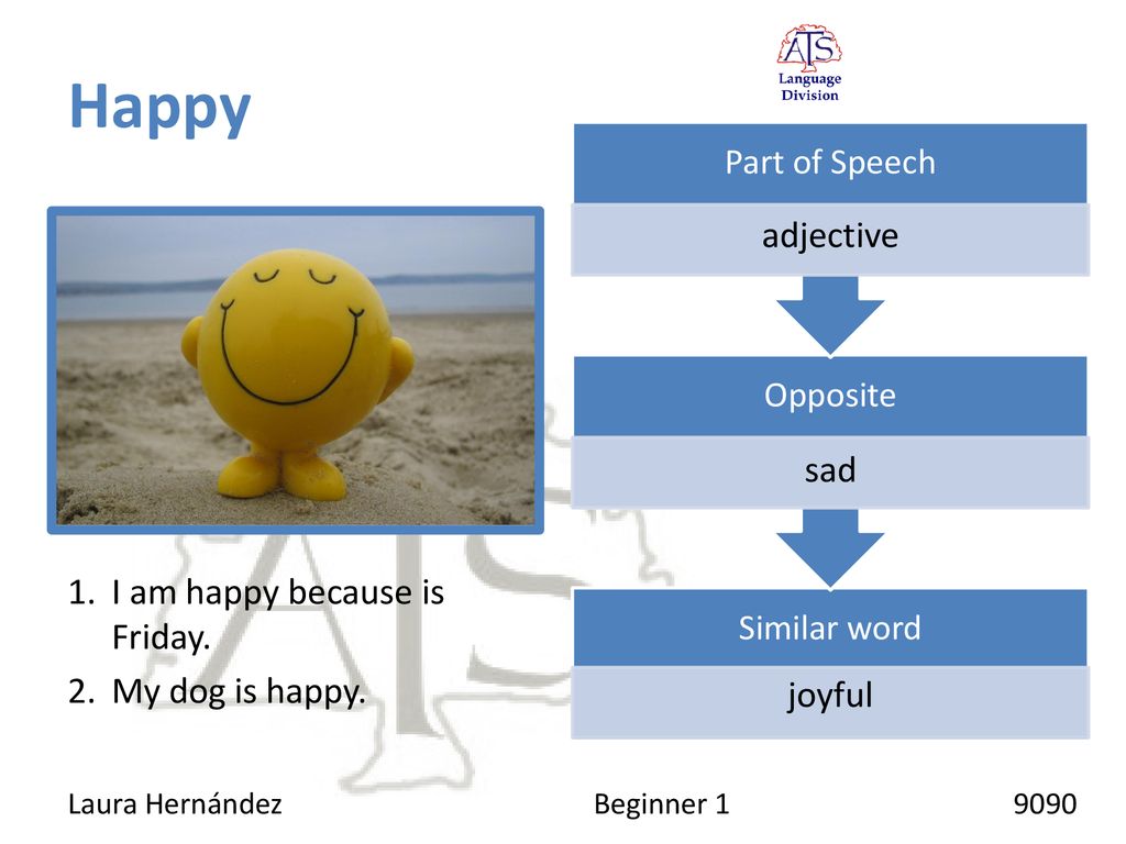 Happy adjective sad I am happy because is Friday. My dog is happy.
