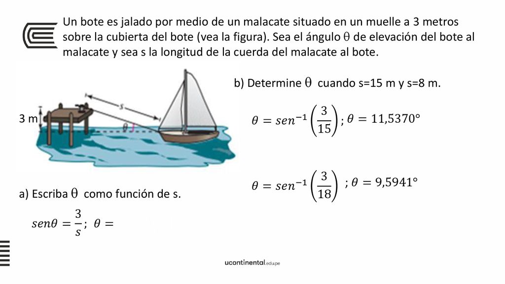 Un bote es jalado por medio de un malacate situado en un muelle a 3 metros sobre la cubierta del bote (vea la figura). Sea el ángulo  de elevación del bote al malacate y sea s la longitud de la cuerda del malacate al bote.