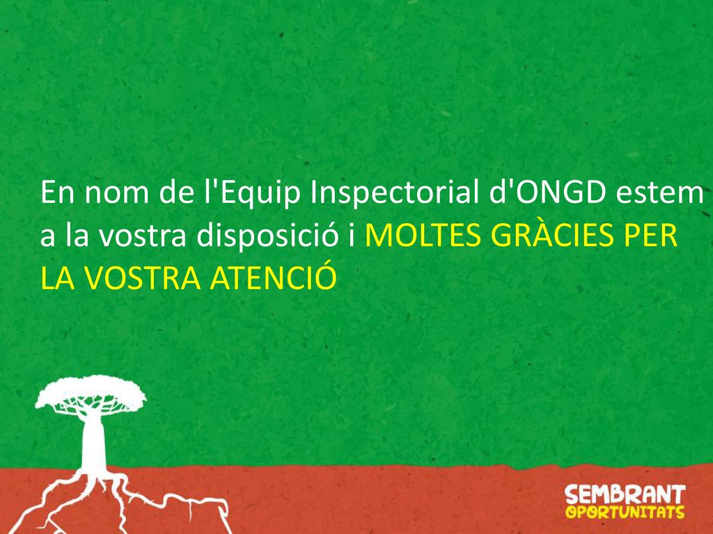 En nom de l Equip Inspectorial d ONGD estem a la vostra disposició i MOLTES GRÀCIES PER LA VOSTRA ATENCIÓ