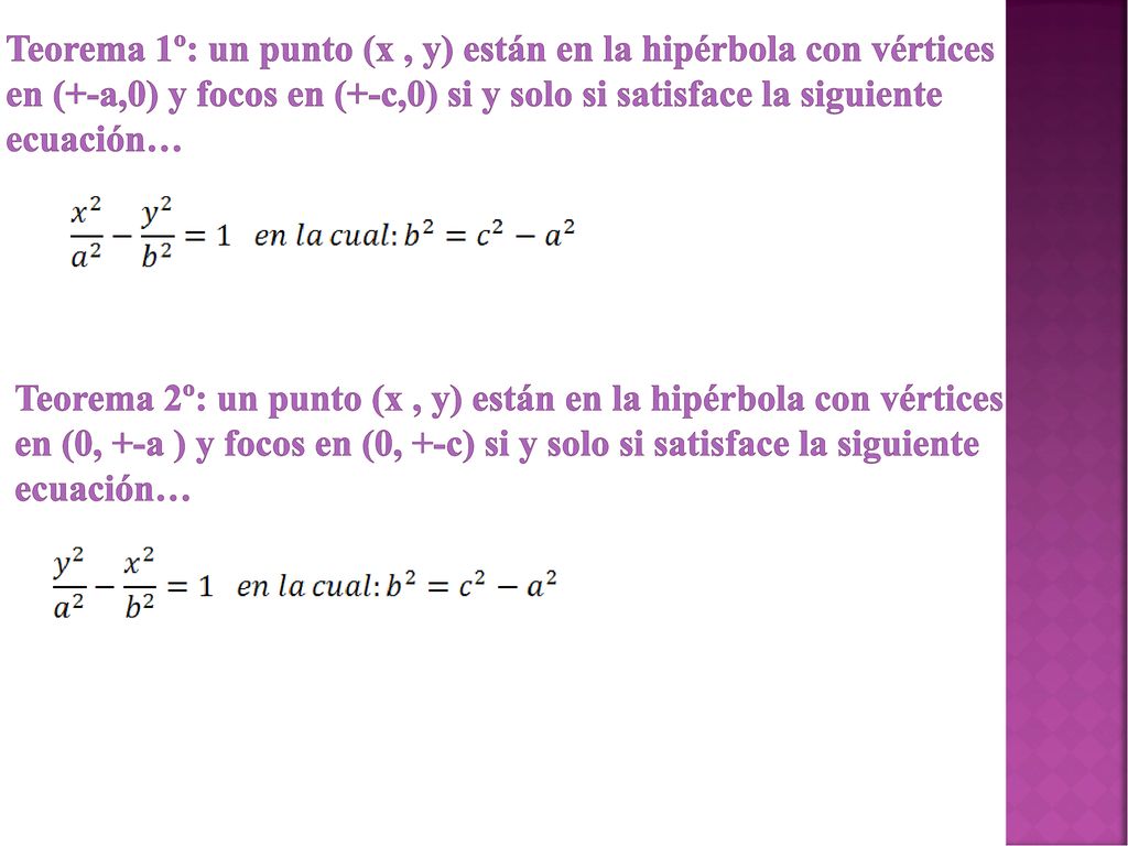 Teorema 1º: un punto (x , y) están en la hipérbola con vértices en (+-a,0) y focos en (+-c,0) si y solo si satisface la siguiente ecuación…