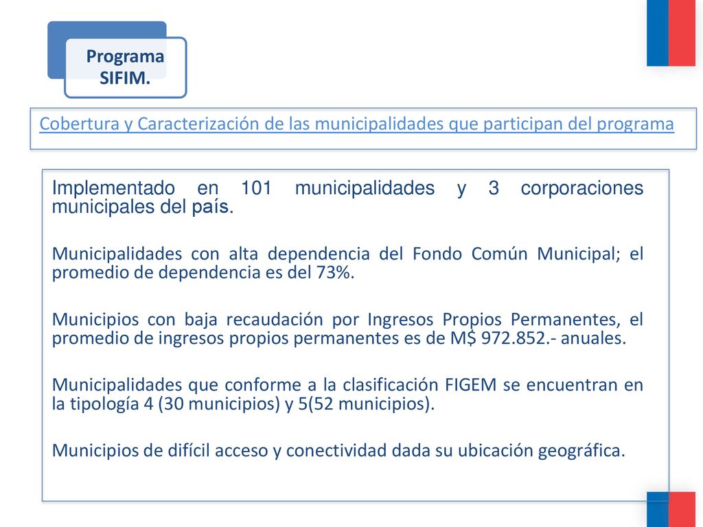 Programa SIFIM. Cobertura y Caracterización de las municipalidades que participan del programa.