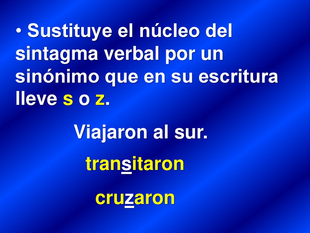 Sustituye el núcleo del sintagma verbal por un sinónimo que en su escritura lleve s o z.