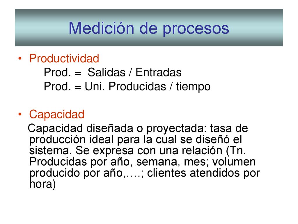 Medición de procesos Productividad Prod. = Salidas / Entradas