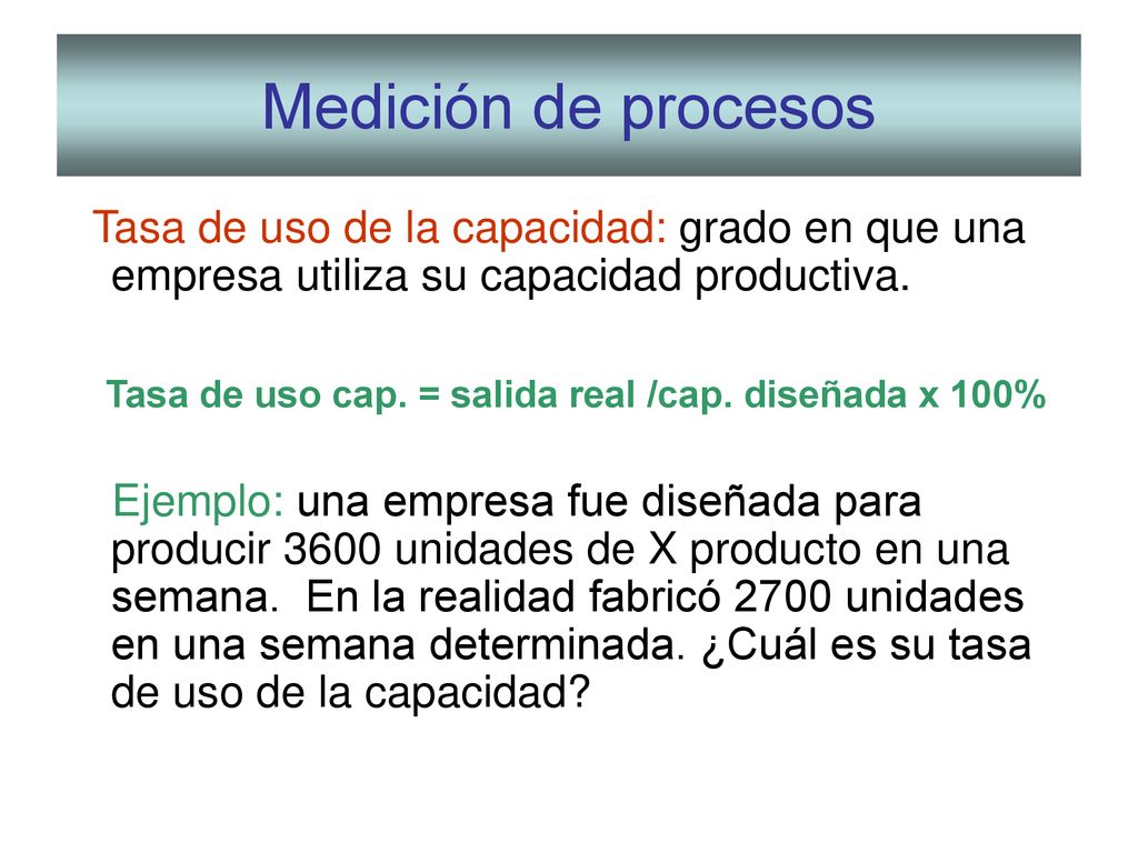 Medición de procesos Tasa de uso de la capacidad: grado en que una empresa utiliza su capacidad productiva.