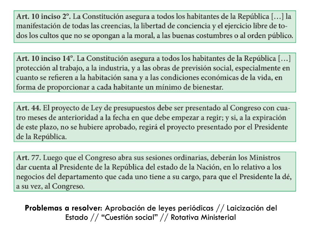 Problemas a resolver: Aprobación de leyes periódicas // Laicización del Estado // Cuestión social // Rotativa Ministerial