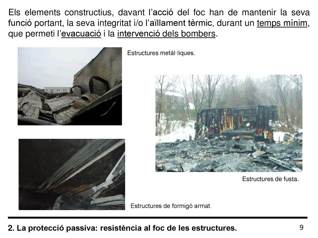 Els elements constructius, davant l’acció del foc han de mantenir la seva funció portant, la seva integritat i/o l’aïllament tèrmic, durant un temps mínim, que permeti l’evacuació i la intervenció dels bombers.