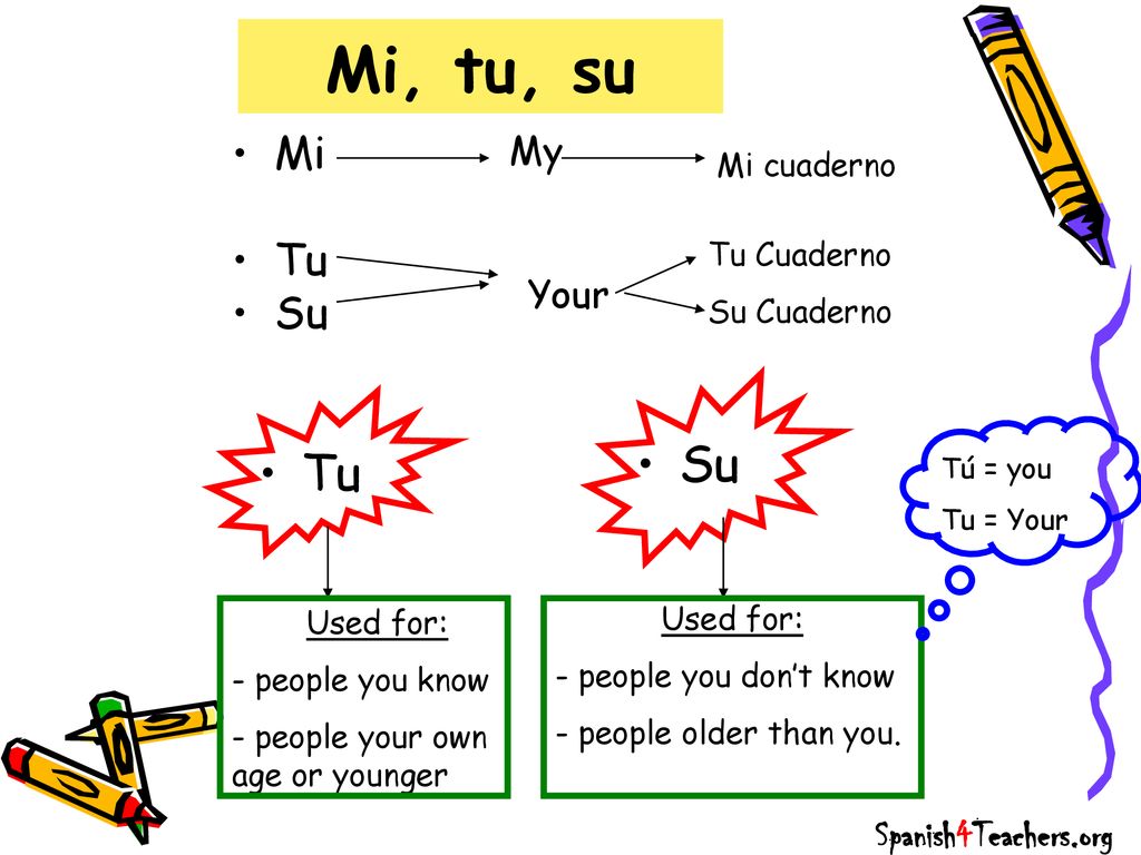 Mi, tu, su Su Tu Mi Tu Su My Your Spanish4Teachers.org Mi cuaderno