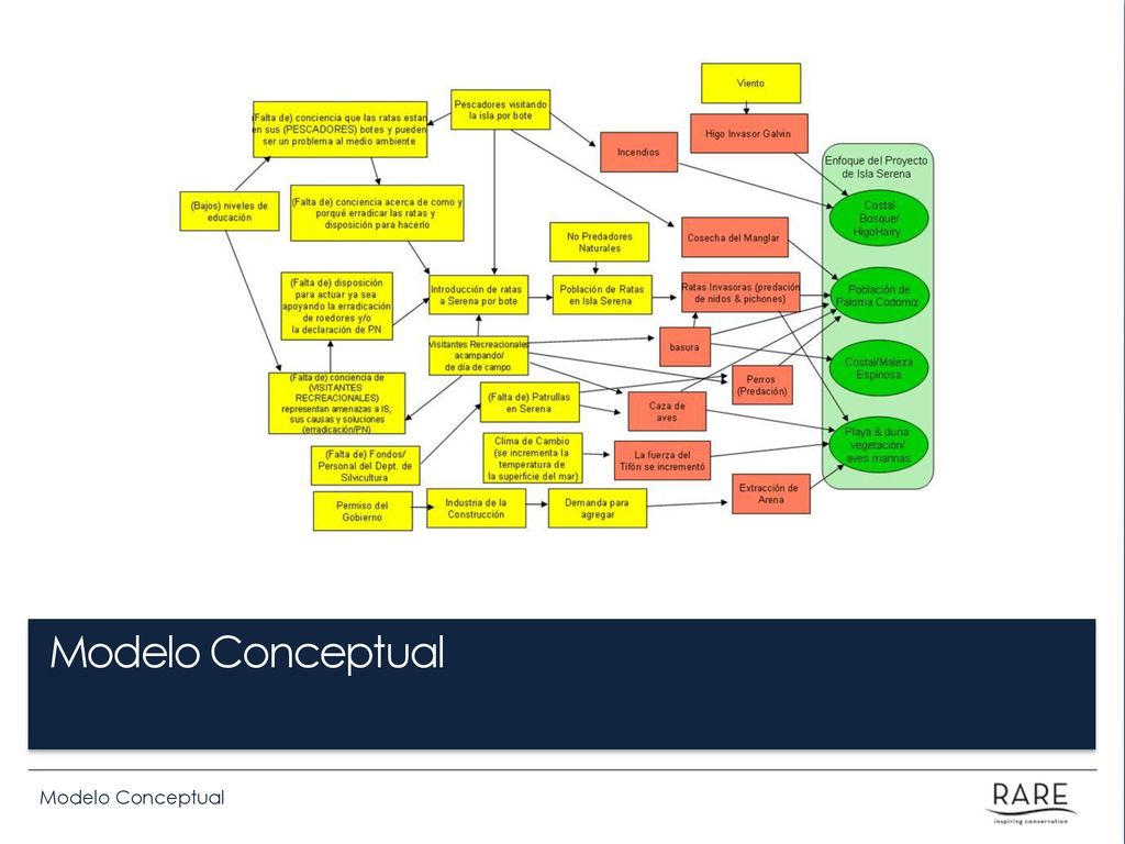 What is a concept model A concept model is a visual description of how your conservation targets, such as species or habitats, are affected by threats, and what the origin of those threats are. Because they are often done in groups, they are an effective way of working through a complex conservation problem by breaking it up into different parts. It also helps promote buy-in and understanding of how the direct and indirect threats are related to each other and how they impact the conservation targets in your area.