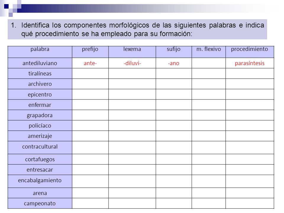 Identifica los componentes morfológicos de las siguientes palabras e indica qué procedimiento se ha empleado para su formación: