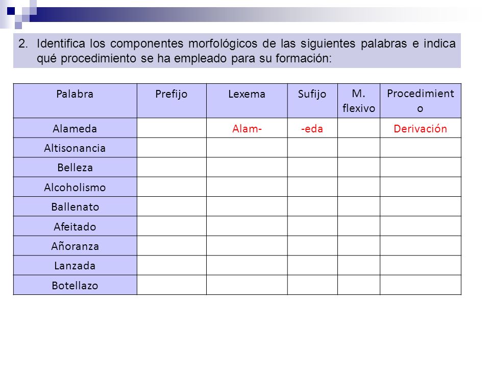 Identifica los componentes morfológicos de las siguientes palabras e indica qué procedimiento se ha empleado para su formación: