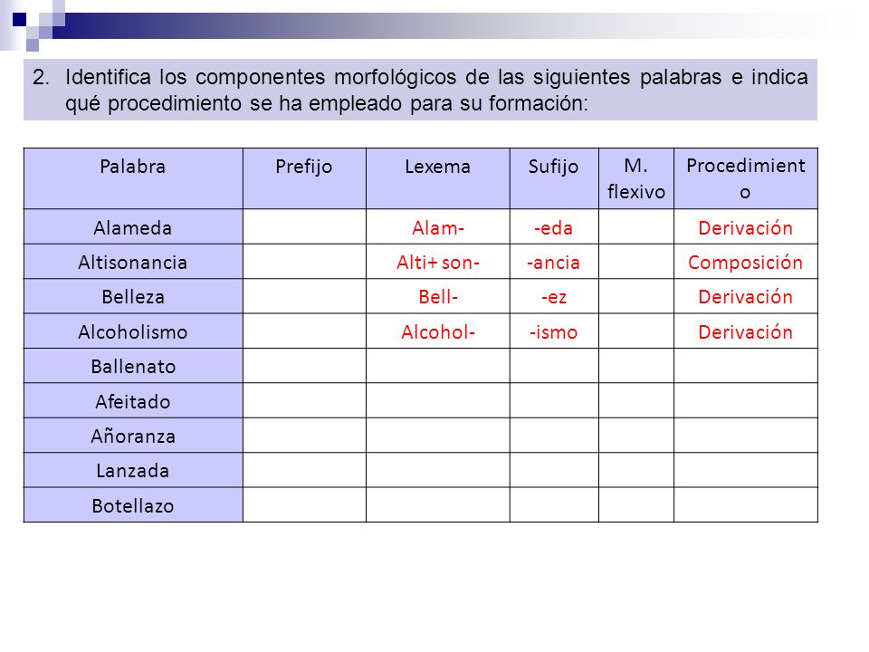 Identifica los componentes morfológicos de las siguientes palabras e indica qué procedimiento se ha empleado para su formación: