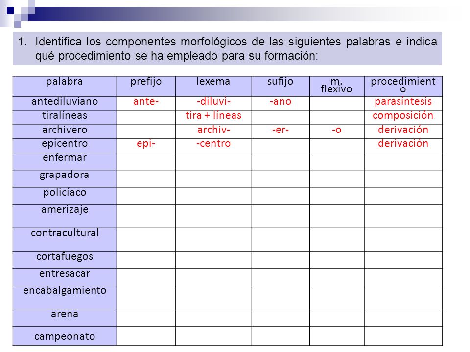 Identifica los componentes morfológicos de las siguientes palabras e indica qué procedimiento se ha empleado para su formación: