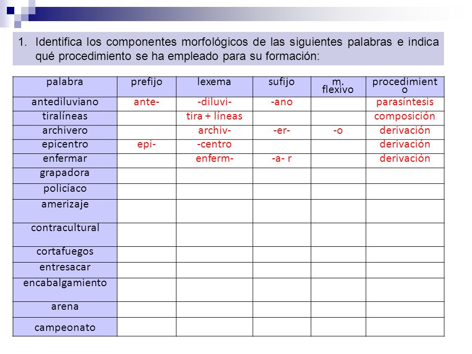Identifica los componentes morfológicos de las siguientes palabras e indica qué procedimiento se ha empleado para su formación: