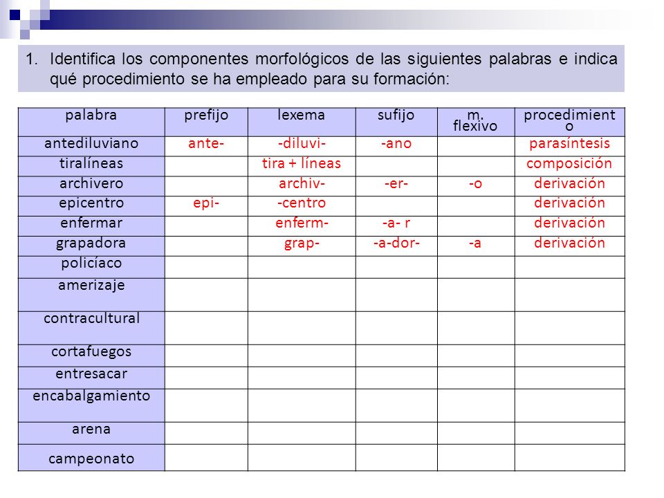 Identifica los componentes morfológicos de las siguientes palabras e indica qué procedimiento se ha empleado para su formación: