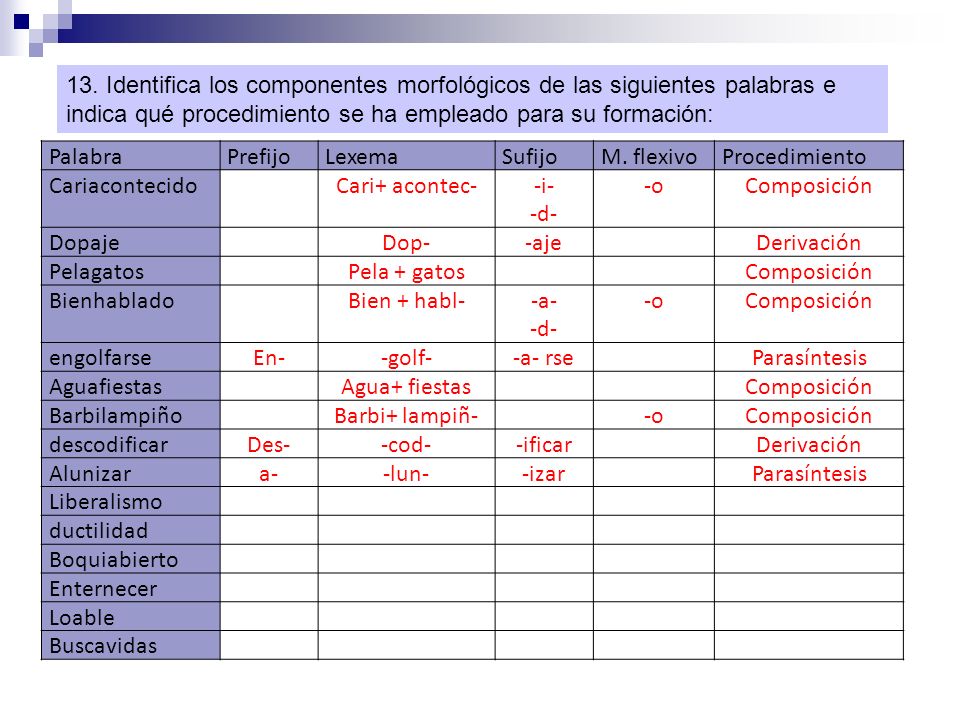 13. Identifica los componentes morfológicos de las siguientes palabras e indica qué procedimiento se ha empleado para su formación: