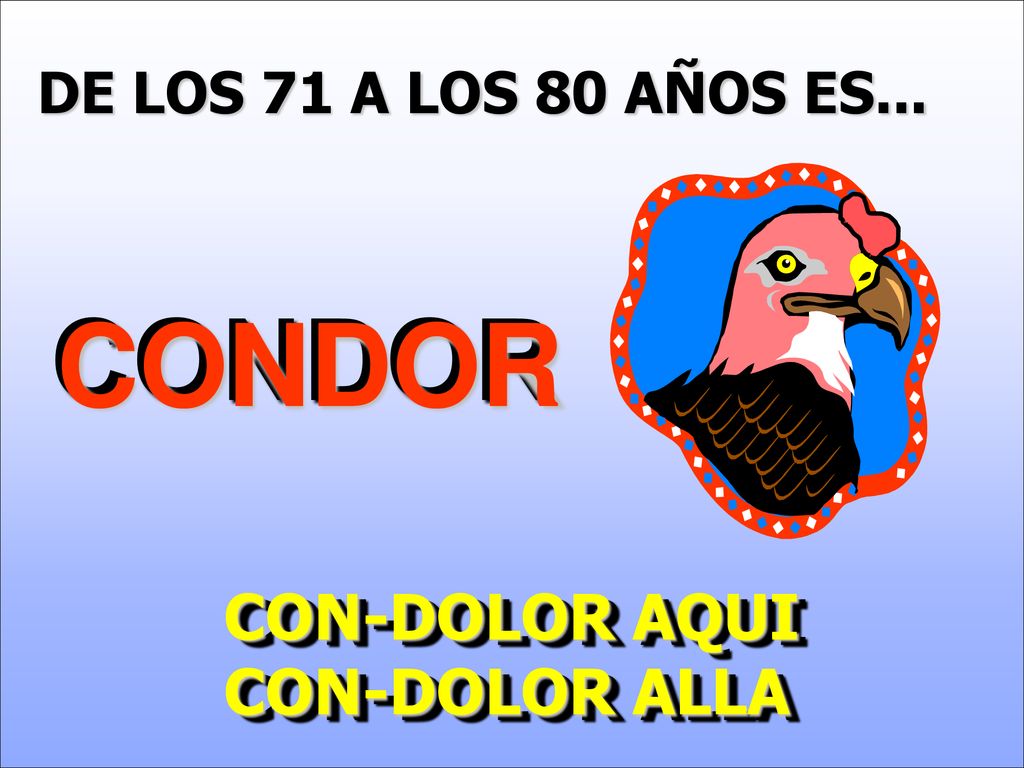 DE LOS 71 A LOS 80 AÑOS ES... CONDOR CON-DOLOR AQUI CON-DOLOR ALLA