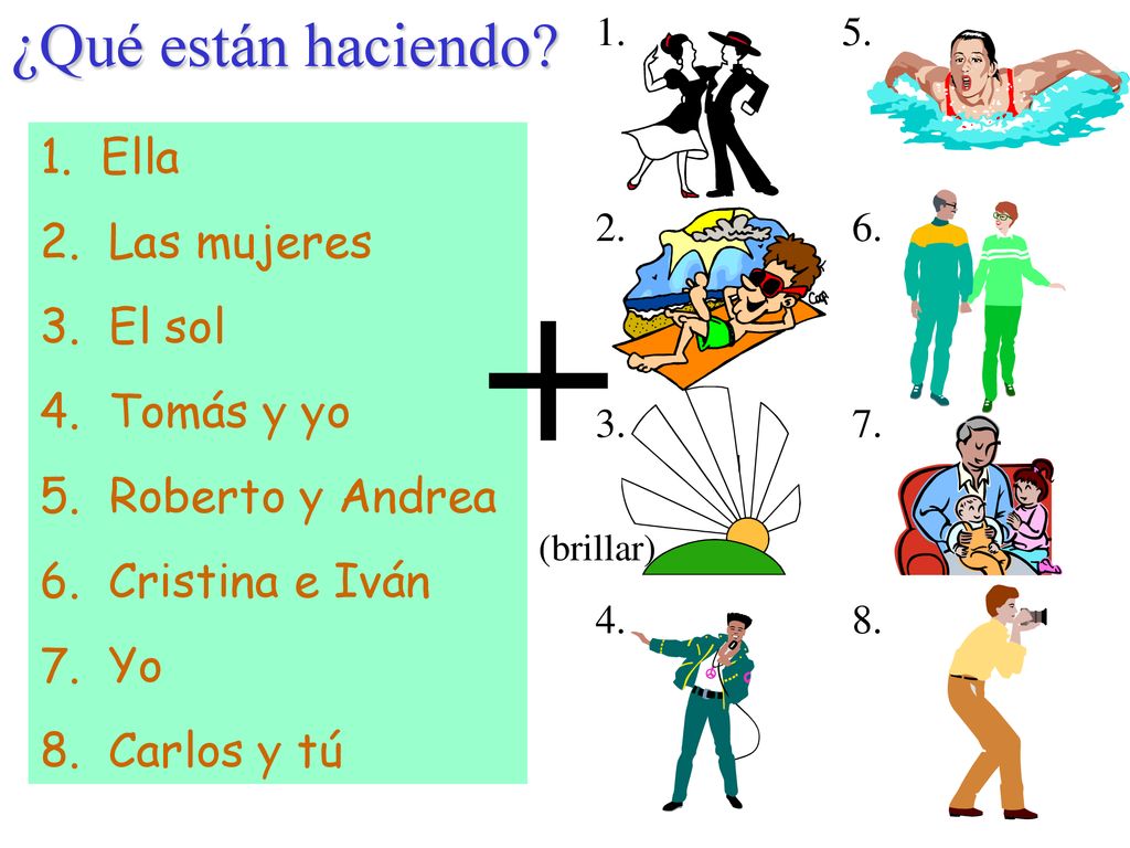 + ¿Qué están haciendo 1. Ella 2. Las mujeres 3. El sol 4. Tomás y yo
