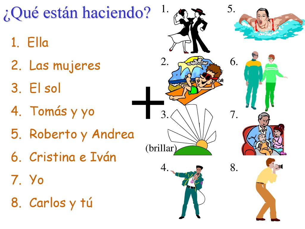 + ¿Qué están haciendo 1. Ella 2. Las mujeres 3. El sol 4. Tomás y yo
