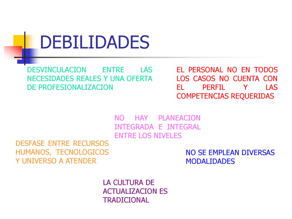 DEBILIDADES DESVINCULACION ENTRE LAS NECESIDADES REALES Y UNA OFERTA DE PROFESIONALIZACION.