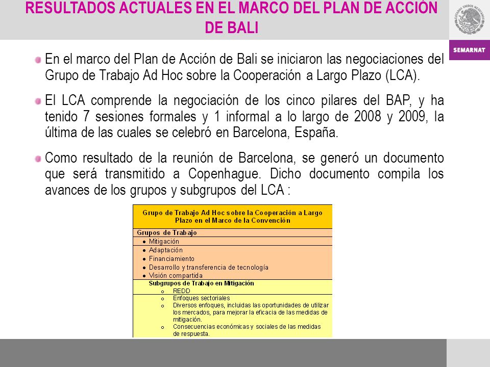 RESULTADOS ACTUALES EN EL MARCO DEL PLAN DE ACCIÓN DE BALI