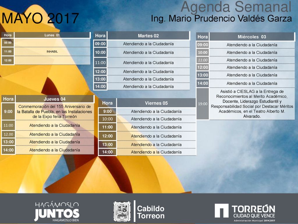 Agenda Semanal MAYO 2017 Ing. Mario Prudencio Valdés Garza Cabildo