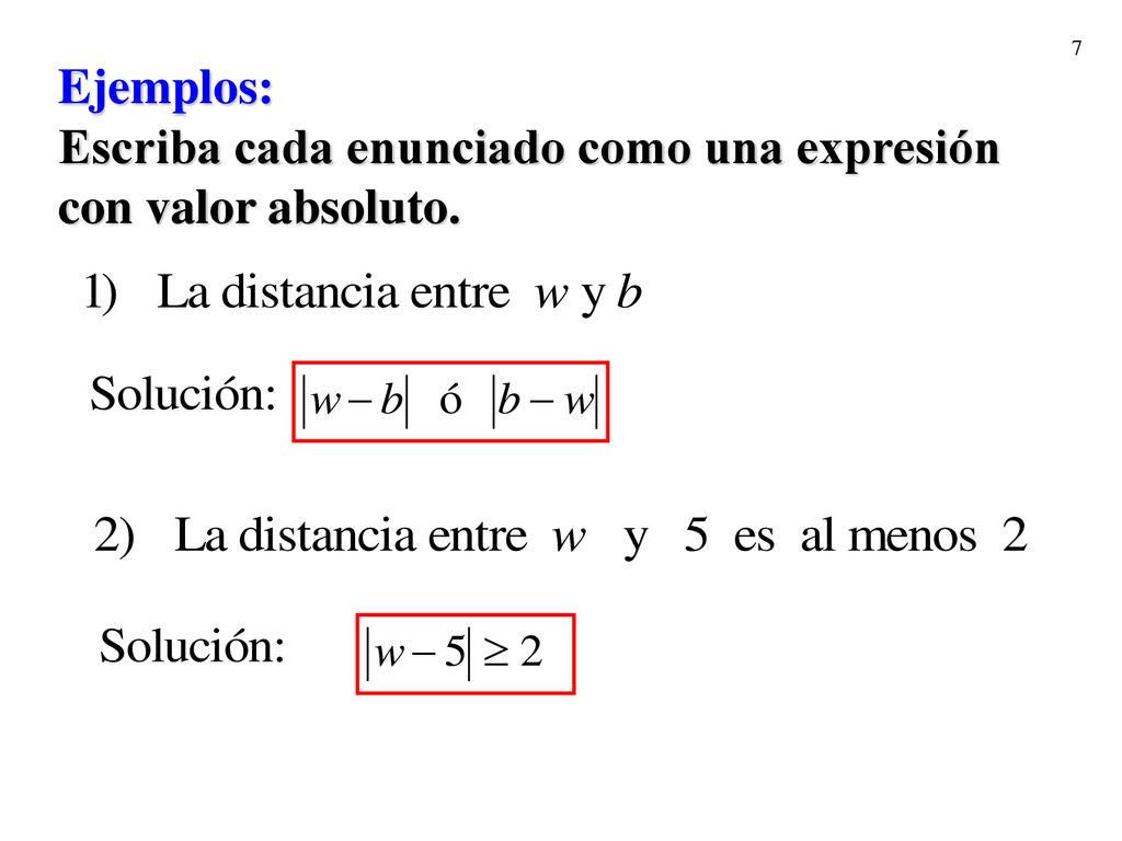 Ejemplos: Escriba cada enunciado como una expresión con valor absoluto.