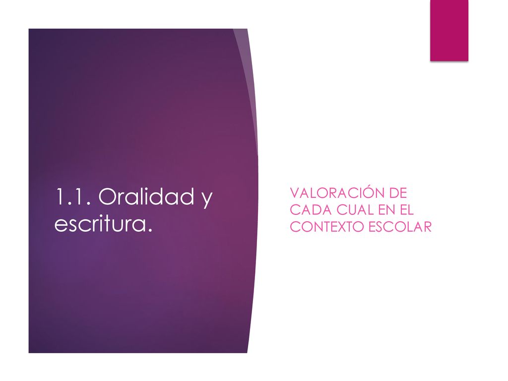 1.1. Oralidad y escritura. Valoración de cada cual en el contexto escolar
