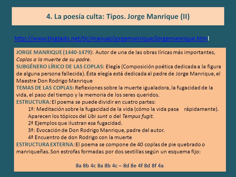 4. La poesía culta: Tipos. Jorge Manrique (II)