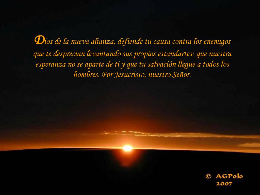 Dios de la nueva alianza, defiende tu causa contra los enemigos que te desprecian levantando sus propios estandartes: que nuestra esperanza no se aparte de ti y que tu salvación llegue a todos los hombres.