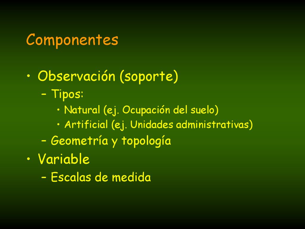 Componentes Observación (soporte) Variable Tipos: