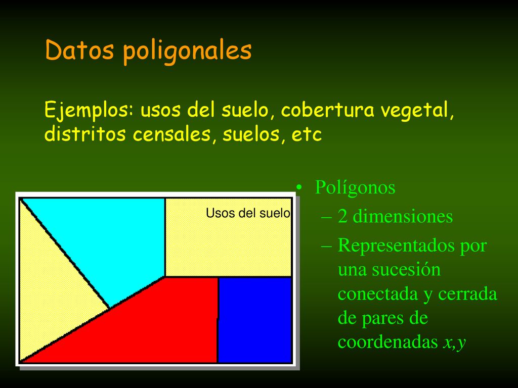 Datos poligonales Ejemplos: usos del suelo, cobertura vegetal, distritos censales, suelos, etc. Polígonos.