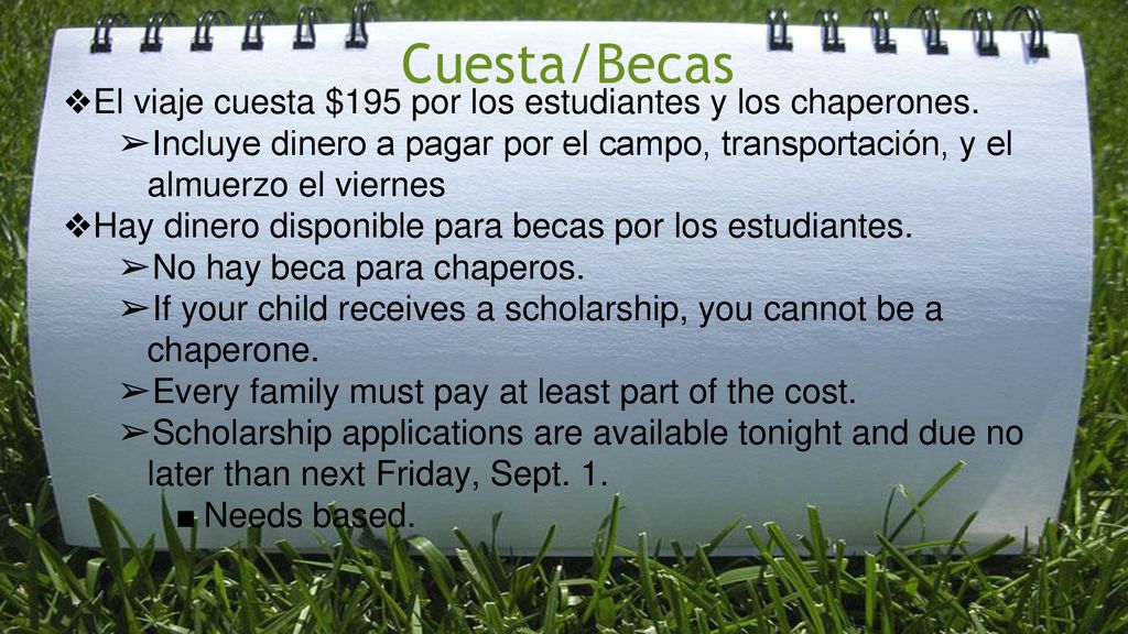 Cuesta/Becas El viaje cuesta $195 por los estudiantes y los chaperones.